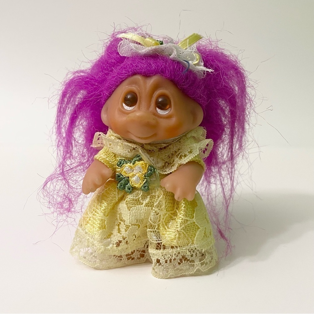 Vtg 1986 Dam Troll Mini Purple Hair Yellow Dress